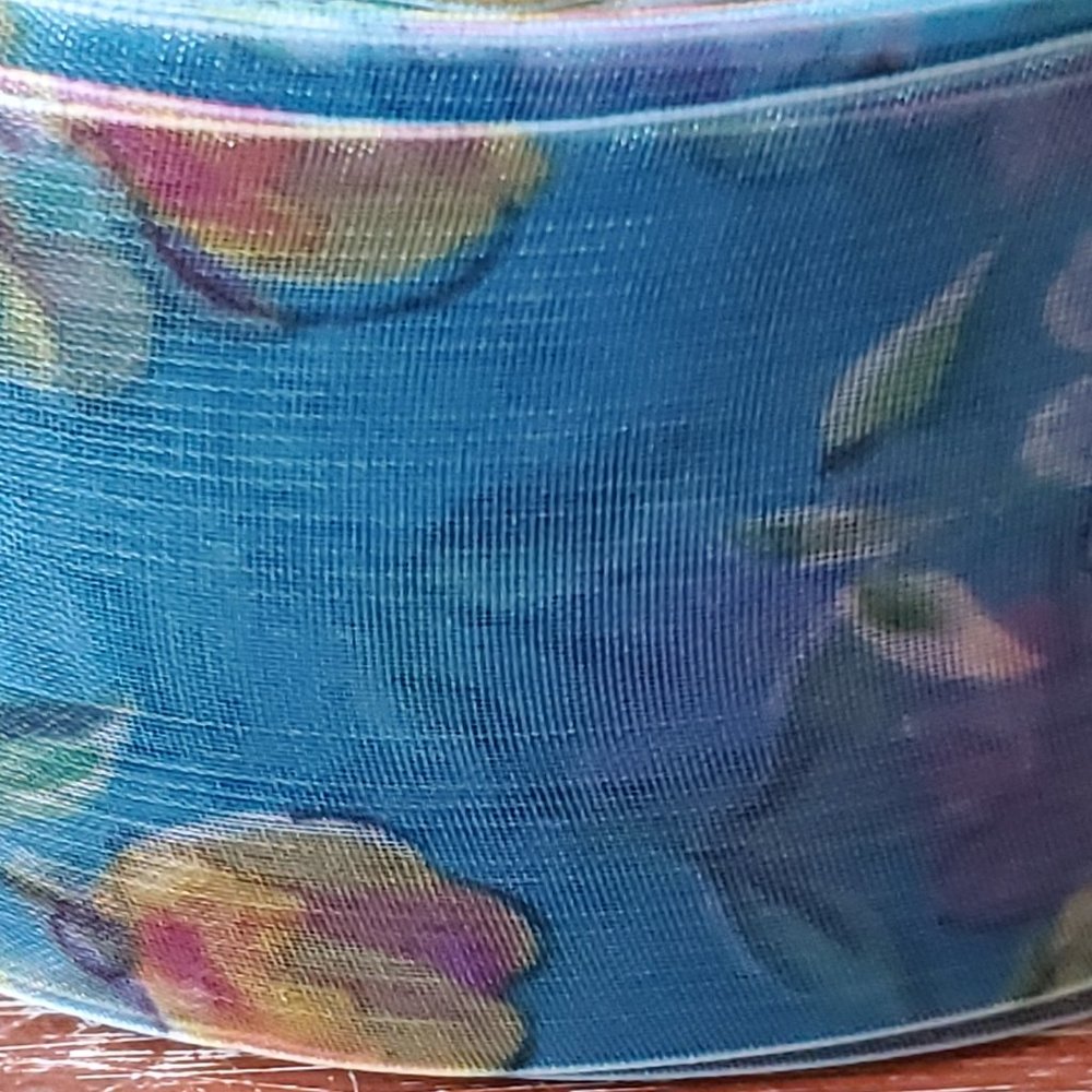 Organza Ribbon - Blue Floral Sheer - 13 yards x 1 1/2" wide